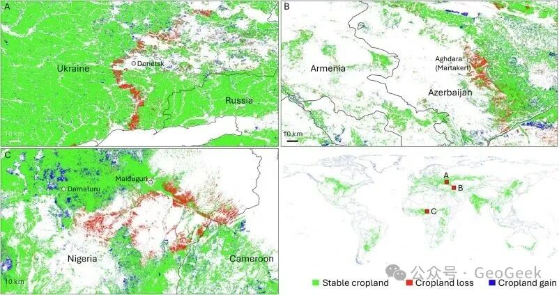 Examples of cropland change associated with armed conflict in Ukraine, Azerbaijan, and Nigeria