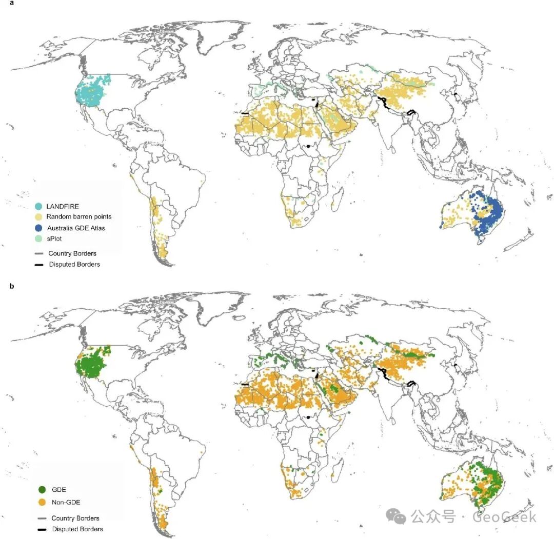 Spatial distribution and sources of training and validation data for a global GDE map